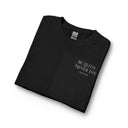Long Sleeve Tee — Gothic Skull Mask Back Print, "Be With Never Live" Chest